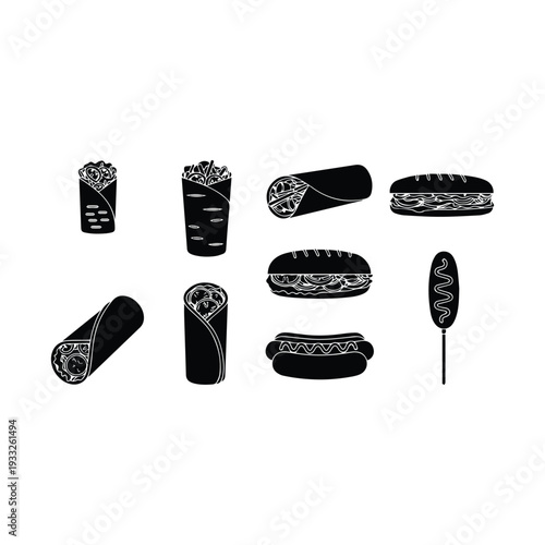 Black and white illustration of various fast food items arranged in a row