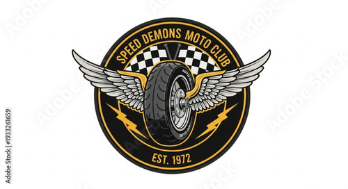 Speed Demons Moto Club Emblem with Winged Tire and Checkered Flag Design.