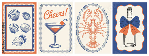 Hand Drawn La Dolce Vita Vintage Poster Collection, Italian Amalfi and Sicily Style Vacation Vector Illustrations in Ink Line Doodle Sketch, Chalk Charcoal Drawing for Print