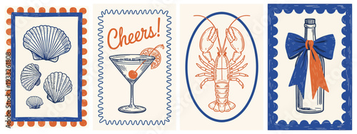 Hand Drawn La Dolce Vita Vintage Poster Collection, Italian Amalfi and Sicily Style Vacation Vector Illustrations in Ink Line Doodle Sketch, Chalk Charcoal Drawing for Print