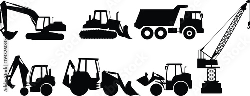 Construction vehicles silhouettes, heavy machinery icons, excavator, bulldozer, dump truck, crane, tractor, loader, industrial equipment, construction site, engineering tools