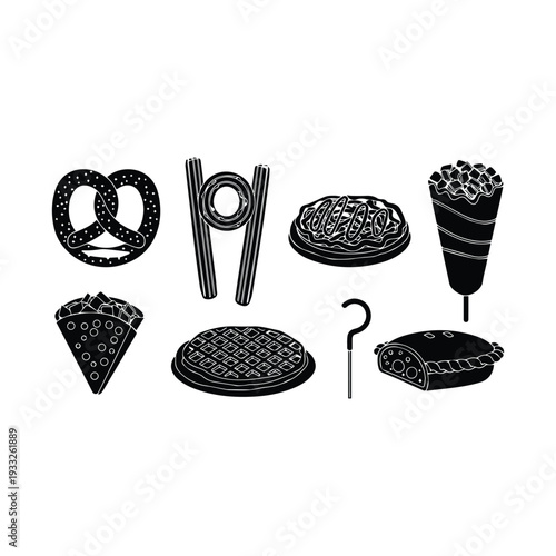 Assorted fast food illustrations including tacos fish and rolled wraps