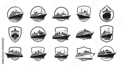 Collection of vintage nautical emblems featuring detailed ship illustrations, perfect for design projects.