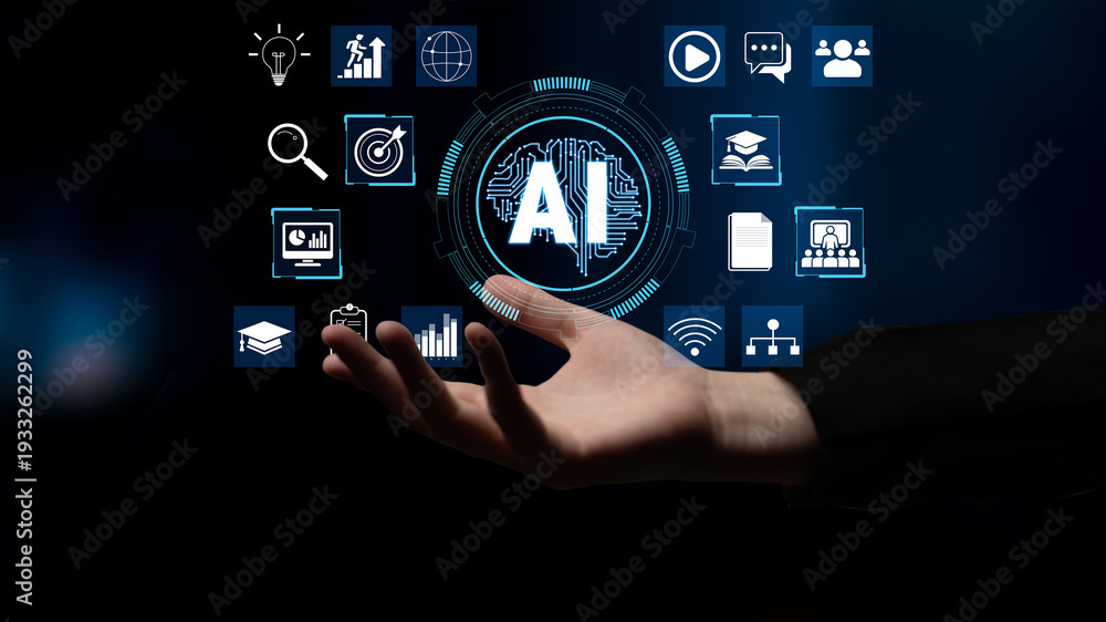 Fototapeta premium Digital hand showcasing advanced artificial intelligence technology with various icons representing data analysis, education, communication, and connectivity. Quark.