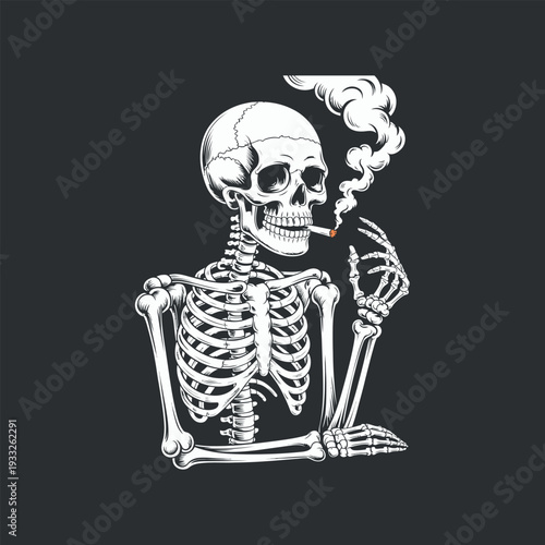 Skeleton Smoking Cigarette with Smoke Dark Background Illustration