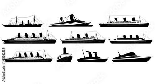Collection of various cruise ship silhouettes in black and white, side views.