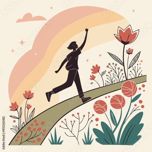 Person Running Through Blooming Flower Field, Inspirational Lifestyle Vector Art