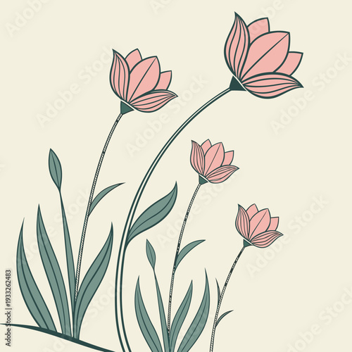 Minimal Pink Flowers Illustration, Elegant Botanical Vector Art