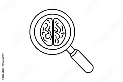 A top-down view of a human brain seen through a magnifying glass. Both the left and right hemispheres are visible, enclosed within the lens of the magnifier.