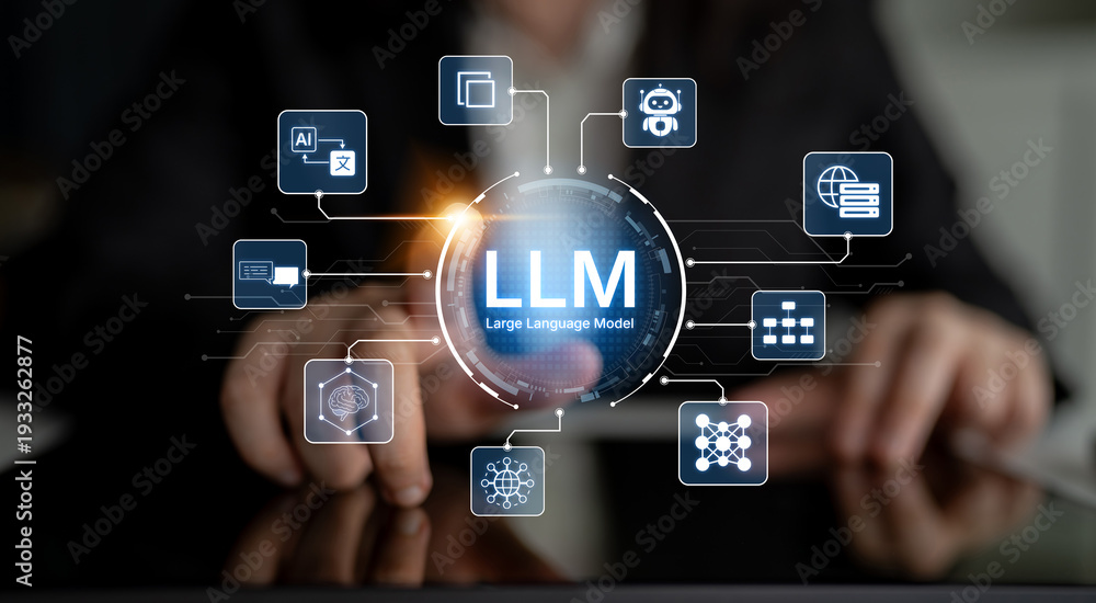 Fototapeta premium Large Language Model LLM processing data. Represents deep text learning, natural language processing NLP AI tech, transformer architecture, and generative AI deep learning future technology. Corpus