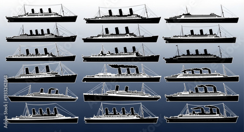 Collection of various ship silhouettes, showcasing different vessel designs and styles.