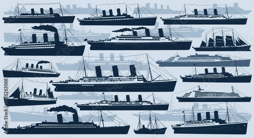 Collection of various vintage ocean liners and cruise ships silhouettes in a nautical theme.