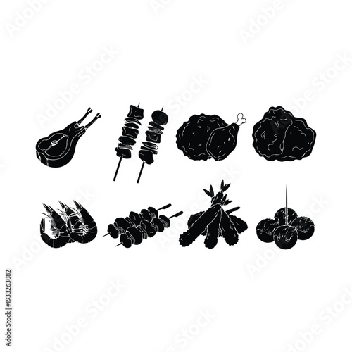 Black and white illustration of various japanese sushi and rice dishes