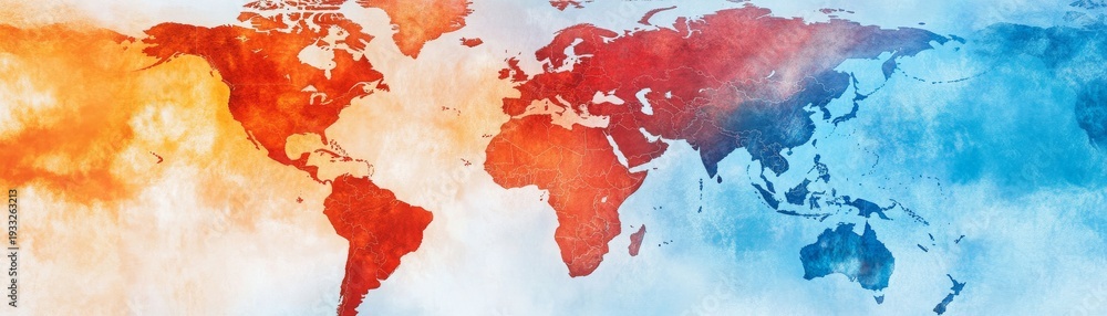 Obraz premium Global Warming World Map Red and Orange Hues Depicting Heat Over Continents, Transitioning to Blue Zones, Earth Climate Change, Heatmap, Climate Crisis