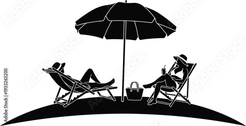 Black silhouette of a couple relaxing on deck chairs under a beach umbrella on a tropical island shore, summer vacation concept for travel posters.