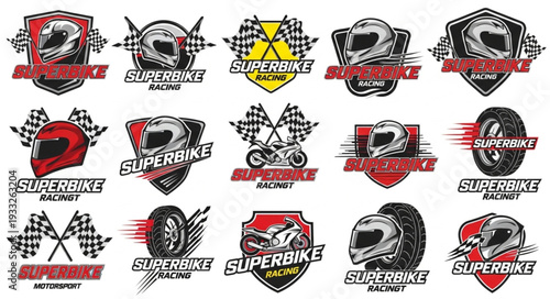 Motorcycle racing logos collection featuring helmets, checkered flags, and speed elements for design.