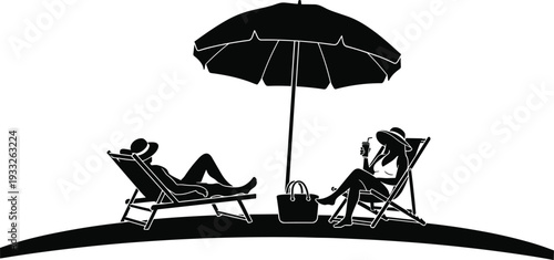 Black silhouette of a couple relaxing on deck chairs under a beach umbrella on a tropical island shore, summer vacation concept for travel posters.