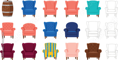 Vector illustration set of colorful classic wingback armchairs in various upholstery styles including tufted, striped, and solid colors, plus a rustic wooden barrel icon.