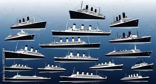 Collection of various vintage ocean liners and cruise ships sailing the seas.