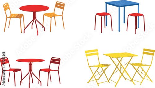 Vector illustration set of colorful outdoor furniture including red and yellow cafe bistro tables with matching chairs and stools isolated on white background.