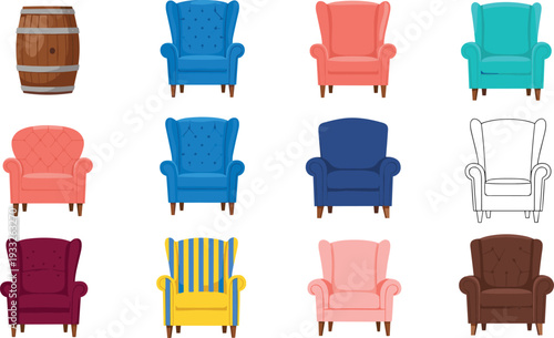 Vector illustration set of colorful classic wingback armchairs in various upholstery styles including tufted, striped, and solid colors, plus a rustic wooden barrel icon.