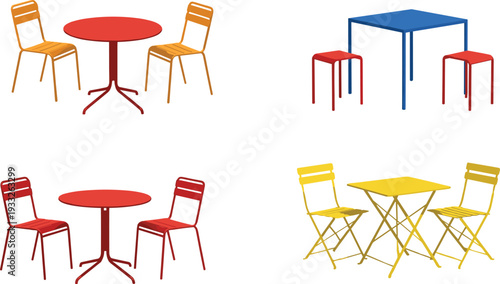 Vector illustration set of colorful outdoor furniture including red and yellow cafe bistro tables with matching chairs and stools isolated on white background.