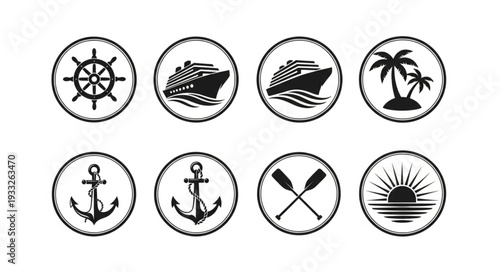 Nautical themed circular icons representing travel and maritime adventures, perfect for design.