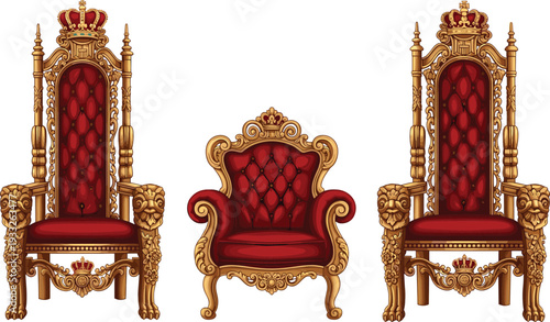 Luxury collection of three royal thrones featuring ornate gold frames, red velvet upholstery, and golden crowns isolated on a white background for vector design.