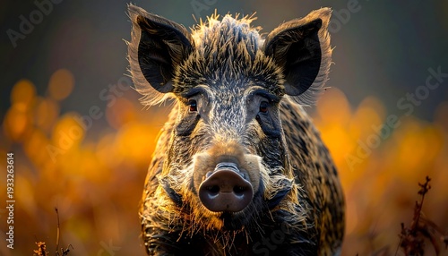 Wild boar facing forward with detailed snout and coarse fur. Bokeh background
