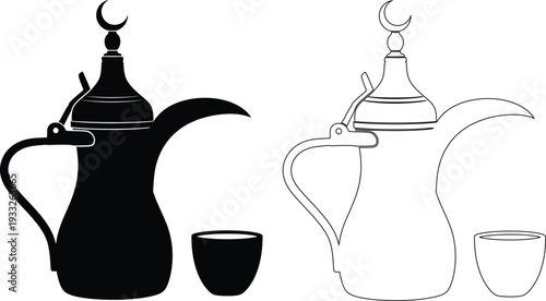 Traditional arabic coffee pots and accompanying cups displayed side by side