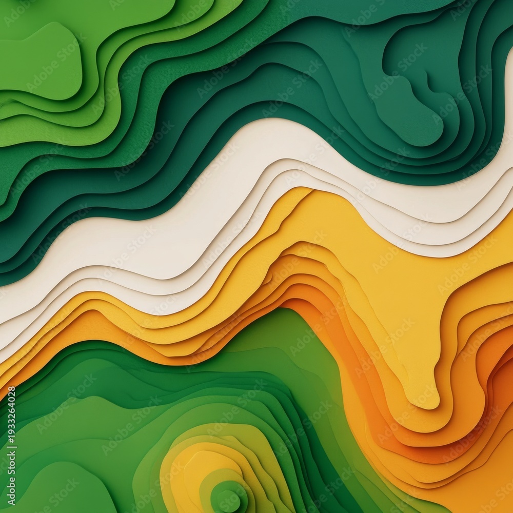 Fototapeta premium Layered Landscape Abstract topographic art with flowing waves of green, cream and gold, suggesting natural beauty and movement. Abstract, Nature
