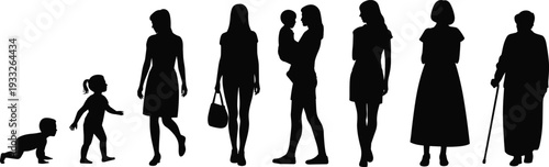 Silhouettes of women and children, different ages, stages of life, walking, carrying bag, holding baby, elderly with cane, black vector, isolated background