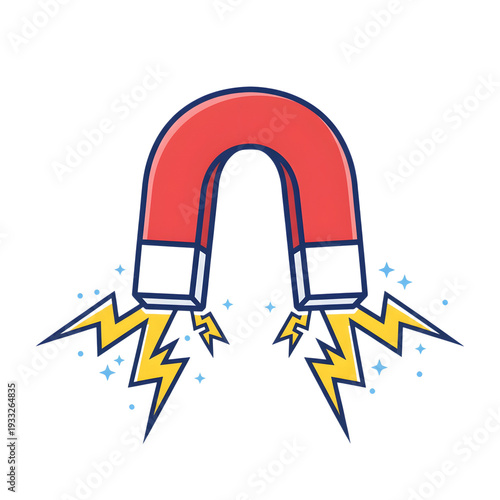 3D red horseshoe magnet attracting yellow lightning bolts on white background for success energy power luck business concept