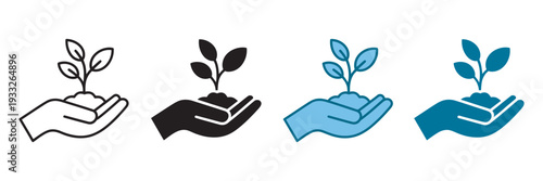 Hand Holding Small Plant Sprout Icon, growth, sustainability, and eco-friendly vector set in multiple styles