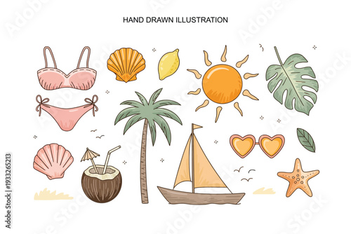 Hand Drawn Summer Beach Illustrations Featuring Bikini, Sailboat, Coconut and Tropical Elements, Whimsical Vacation Vector Artwork for Coastal Travel and Holiday Designs