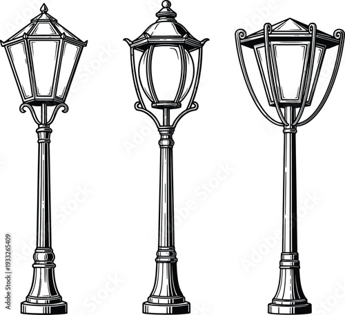 Classic vintage street lamps in a black and white illustration style Vector
