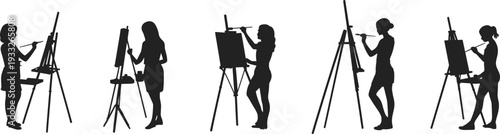 Silhouettes of women painting on easels, vector illustration for art creation, creativity, artistic expression, painting activity, and hobby or profession design concept
