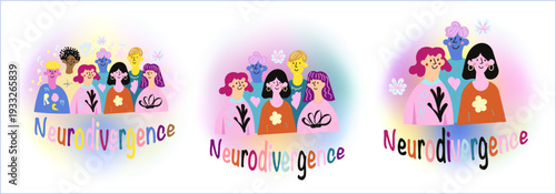 Trendy hand-drawn neurodivergence artwork with diverse people and colorful Neurodivergence lettering with soft gradient glow perfect for awareness campaigns, social posts, posters, and branding.