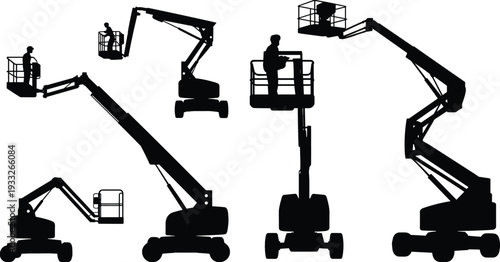 Silhouettes of workers on boom lifts, aerial platforms, construction machines, high-rise maintenance, industrial equipment for safety, engineering, building tasks