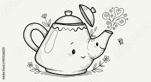 Cute whimsical teapot illustration with a happy face, steaming, surrounded by flowers and a butterfly. Hand-drawn cartoon for coloring.