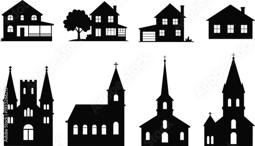 Silhouettes of various houses and churches, traditional architecture, religious buildings, residential homes, classic rooftops, suburban and sacred design collection