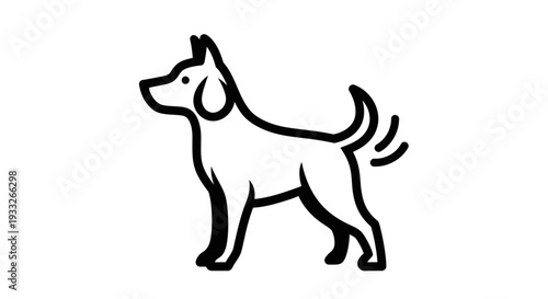 Minimalist black and white line art icon of a happy dog standing with its tail wagging, simple pet graphic vector illustration.