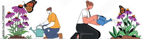 Woman Observing Butterfly Isolated Transparent Background Flat 2D Vector