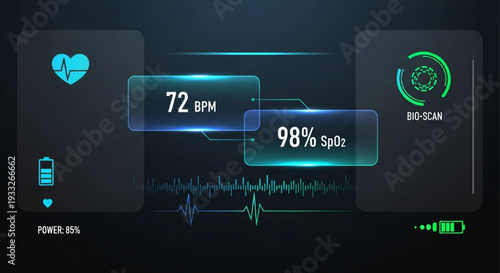 Futuristic health monitoring dashboard with vital signs display and bio scan on transparent background silhouette