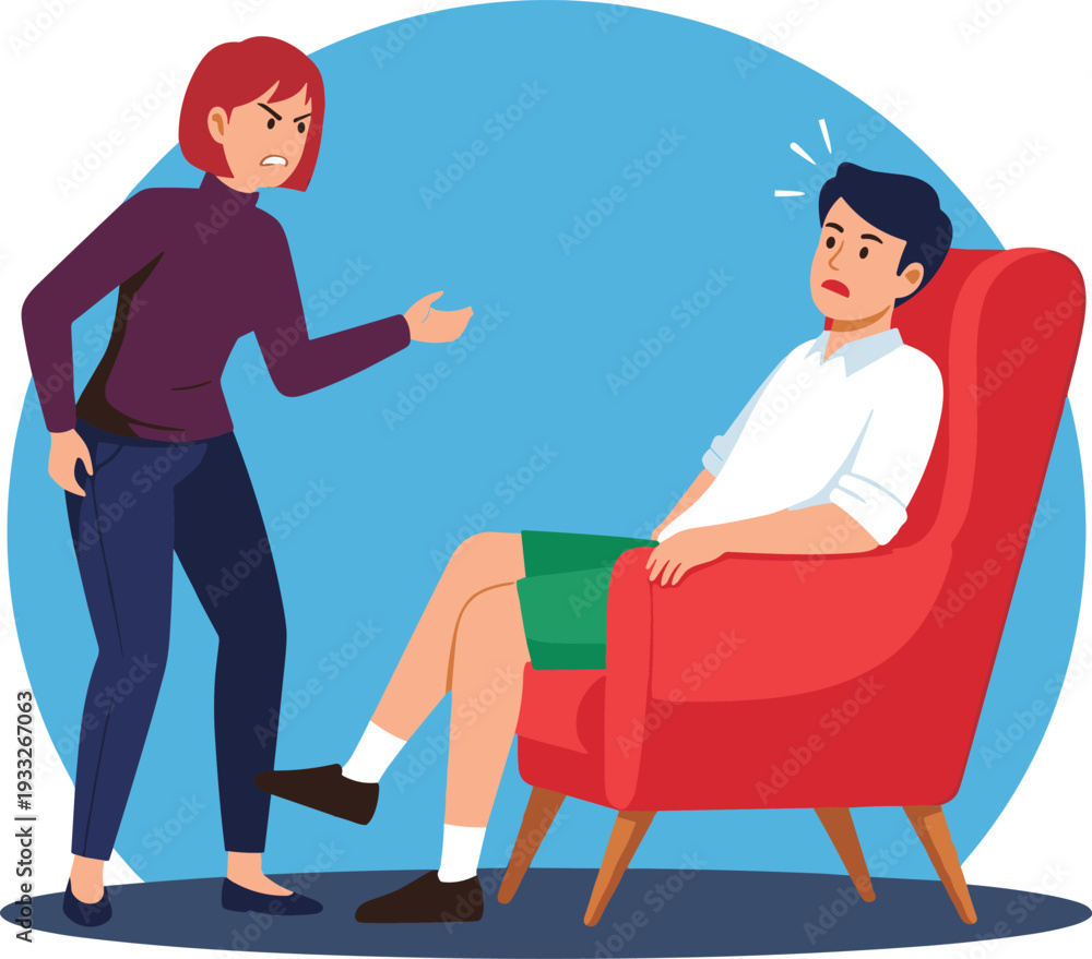 Obraz premium Angry Woman Shouting at Man Sitting on Armchair, Couple Conflict and Domestic Argument Concept Vector Illustration