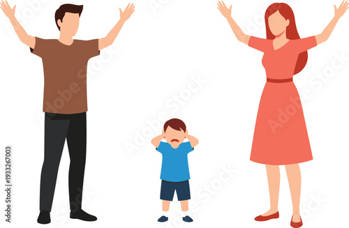 Angry Parents Arguing and Shouting at Crying Child, Family Conflict and Bad Parenting Concept Vector Illustration