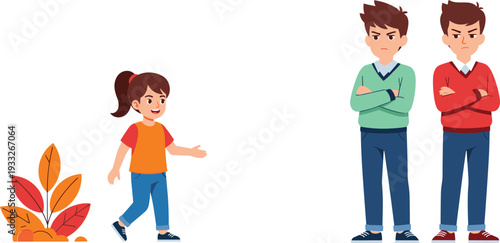 Angry Boys with Crossed Arms Looking at Happy Girl, Siblings Rivalry and Childhood Emotions Concept Vector Illustration