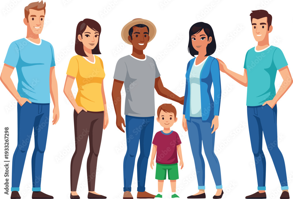 Obraz premium Group of Diverse Happy People and Small Family Portrait, Friendship and Community Concept Vector Illustration
