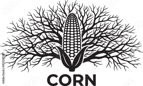 Black and white of a corn cob with tree- like branches also transparent background