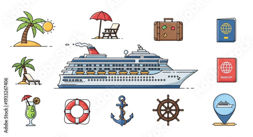 Cruise ship illustration with travel and vacation related icons, perfect for tourism.